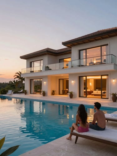 Casal a relaxar junto à piscina de uma moradia de luxo contemporânea no Algarve.