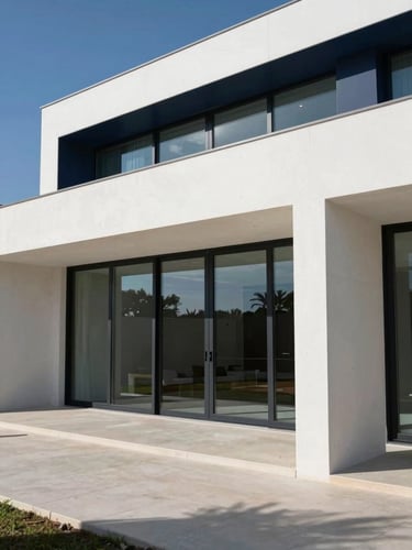 Premium modern Algarve villa exterior, clean architectural lines, bright natural daylight, sharp shadows, minimalist concrete and glass facade