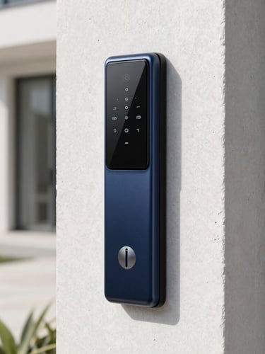 Fechadura eletrónica moderna instalada na entrada de uma moradia de luxo no Algarve.