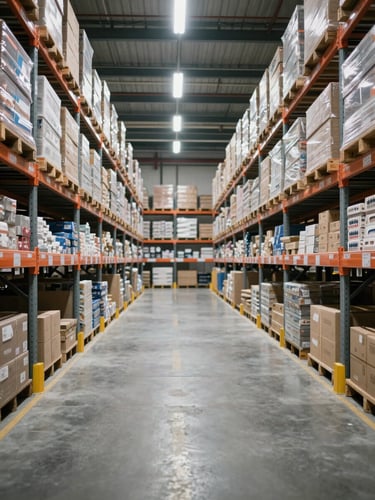 Wide environmental shot of an organized industrial warehouse interior, tall metal shelving units stacked with boxed goods receding into the distance, cool overhead fluorescent lighting casting even illumination, clean concrete floor with marked logistics lanes, no people