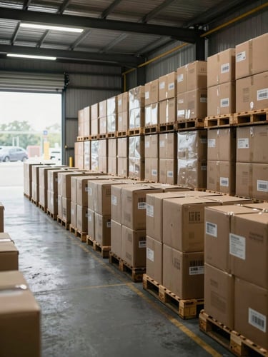 Wide environmental shot inside a logistics distribution center, neat rows of labeled cartons on floor-level pallets stretching toward a loading dock, cool daylight flooding through wide bay doors on the far left, overhead fluorescent lighting even across the frame, no people visible