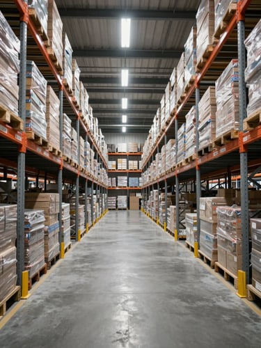 Wide environmental shot of a large organized warehouse interior, tall metal racking systems receding into the distance under cool even overhead fluorescent light, clean concrete floor with clear sightlines, no people, product stacks in uniform rows, clinical and operational in feel