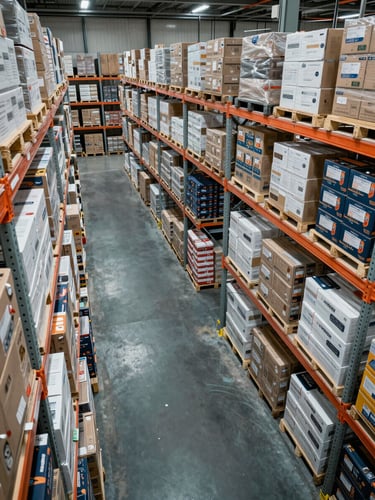 Wide environmental shot inside a distribution center, overhead view looking down a cross-aisle intersection where uniformly labeled product cartons are arranged on industrial shelving units, cool even daylight from skylights above, no workers visible, clean organized grid of products extending to the edges, sharp focus on labeling and packaging detail