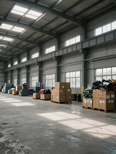Wide environmental shot of an industrial warehouse interior during clearance, high-contrast overcast light streaming through overhead windows, clean swept concrete floor in the foreground.