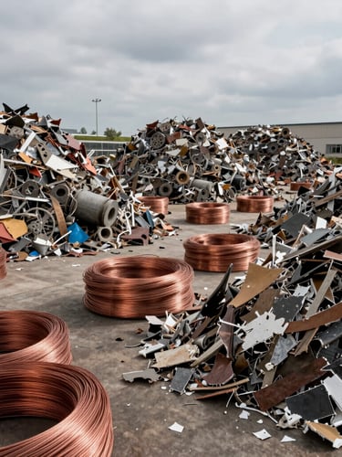 Wide environmental shot of organized piles of sorted copper wires and shredded polymers inside a high-contrast industrial recycling facility under overcast daylight.