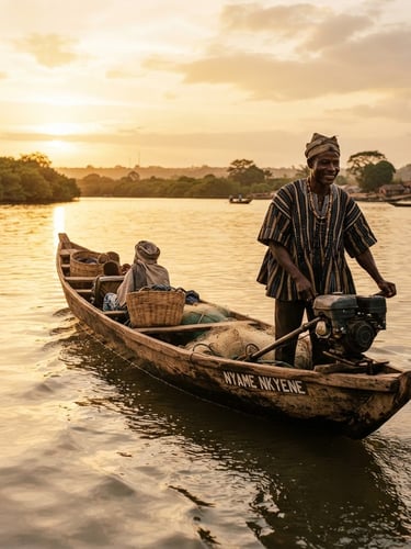 A local Ghanaian guide steering a motorized canoe on the calm waters of the Volta River estuary during golden hour, warm lighting, 35mm photography.