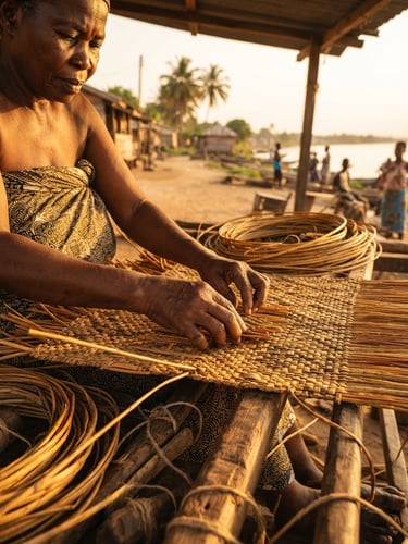 Warm editorial photography of hands weaving traditional mats on Azizakpe Island, golden-hour sunlight highlighting the textured reeds.