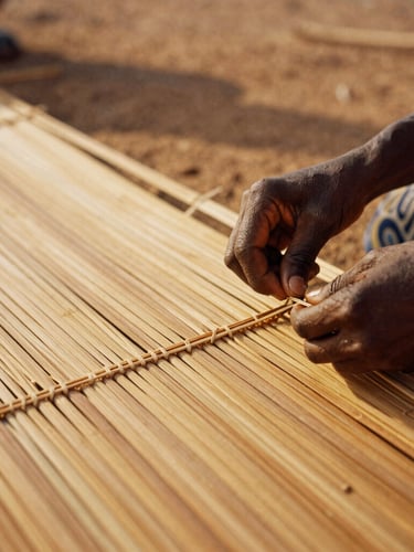 Close-up of hands weaving a traditional reed mat on Azizakpe Island, warm sun-drenched lighting, rich earth tones, 35mm photography.