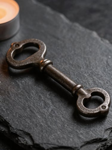 Macro shot of a heavy, ancient iron key resting on dark, textured slate, single candlelight casting deep shadows from the left, cinematic atmosphere, 21:9 crop.