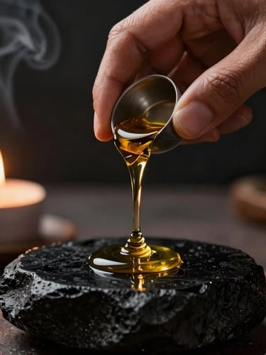 Macro high-contrast photograph of hands pouring thick ritual oil over a dark obsidian stone, warm candlelight, deep shadows, smoke curling in the background.