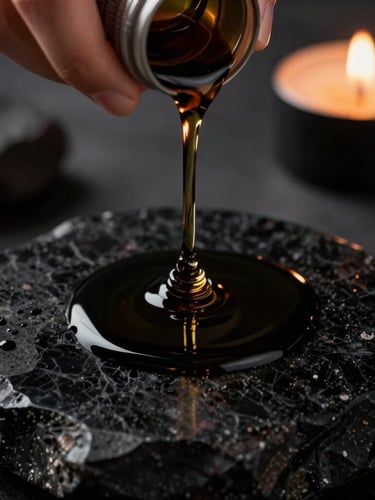 Macro close-up shot of hands pouring dark, viscous ritual oil onto raw obsidian stone, single candle flame reflecting in the liquid, deep shadows, high-end editorial framing