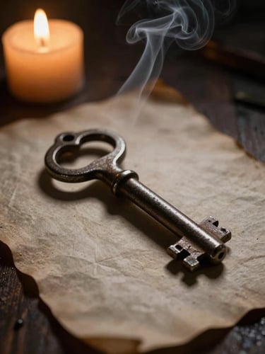 Chiaroscuro macro shot of a single heavy iron key resting on dark weathered parchment, low-key candlelight casting deep shadows, smoke curling softly in the background.