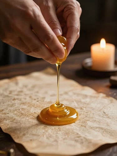 Close-up macro shot of hands pouring golden wax onto an ancient parchment in a dark room, lit by a single candle, creating deep shadows.