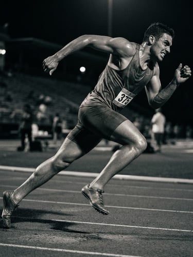 Dynamic low-angle shot of a male track athlete mid-stride, raw sweat, dramatic low-key lighting, desaturated tones with sharp contrast