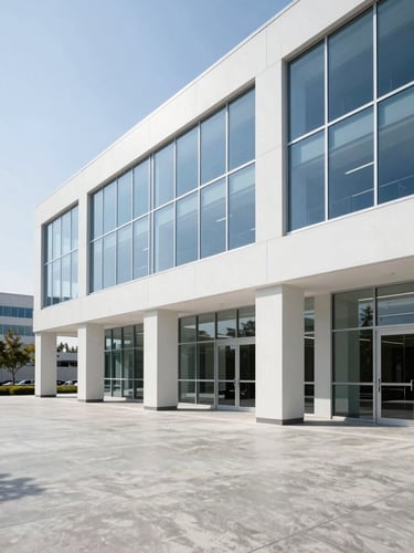 Pristine commercial office lobby with clean lines, polished concrete floors, bright natural light, professional architectural photography.