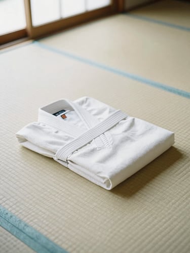 Minimalist high-angle shot of a folded white Aikido keikogi on clean straw tatami, soft natural light from a dojo window, calm and disciplined atmosphere, 35mm