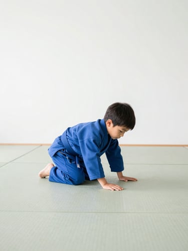 Focused children doing coordination drills on a bright tatami, soft natural dojo light, clean white background, 35mm
