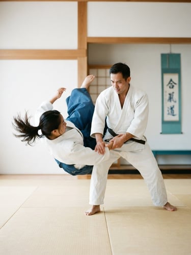 Dynamic medium shot of an aikido practitioner in a white keikogi executing a fluid throw, bright natural dojo light, soft turquoise accents, 35mm
