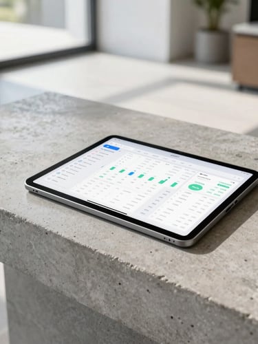 Close-up of a digital tablet showing a clean financial dashboard, placed on a modern concrete counter in a bright residential lobby, natural daylight