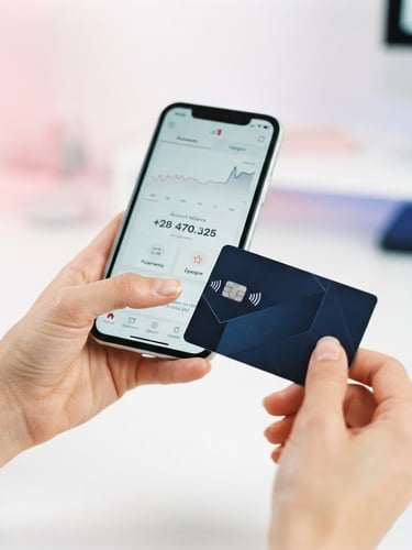 clean fintech photography, bright high-key studio lighting, smartphone displaying BoursoBank app interface with positive balance, hand holding sleek modern debit card, 35mm