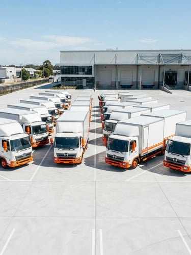 Wide shot of a fleet of branded, commercial transport vehicles parked on a pristine, high-contrast concrete lot under bright daylight, safety-orange accents visible, sharp focus, industrial aesthetic, 35mm.