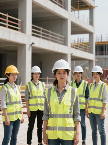 Professional shot of a diverse team of women in clean, high-visibility branded safety gear on an active commercial construction site, bright daylight, sharp focus, industrial aesthetic, 35mm.