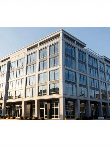 Wide shot of a modern commercial building in Northern Virginia at sunrise, showing expansive glass and steel, clean architectural lines, high contrast, 35mm.