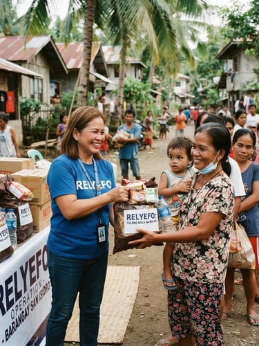 Environmental documentary portrait of organized relief distribution in a Philippine village, warm tropical daylight, volunteers handing food packs to families, 35mm lens