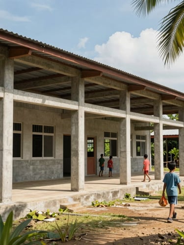 Documentary shot of a newly constructed concrete community school building in the rural Philippines, strong structural pillars, metal roof, bright tropical sun, children walking nearby, 35mm lens