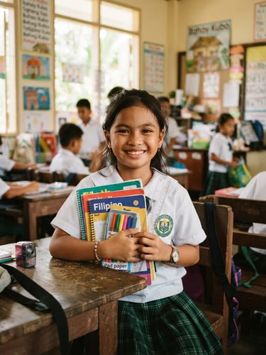 Warm documentary portrait of a smiling Filipino student holding new school supplies in a sunny classroom, natural tropical daylight, environmental portrait, 35mm lens