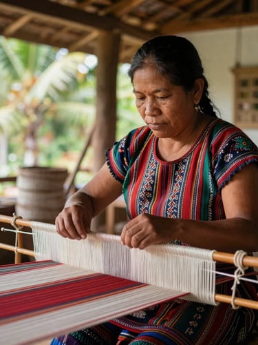 Environmental portrait of a Filipina weaver working on a traditional handloom, warm natural light highlighting the rich textures of the fabric, focused and dignified expression, authentic workshop setting.