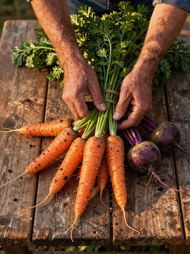 Close overhead shot looking down at a worn wooden farm table: a farmer's rough hands arranging bundles of freshly harvested carrots and beets, golden-hour light raking across the produce texture, soil still visible on the roots, warm amber tones