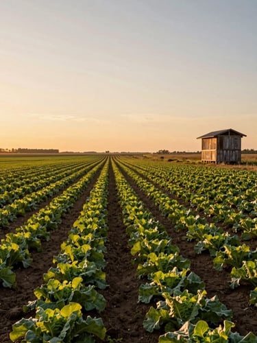 Wide golden-hour view of a farm field at harvest, rows of leafy greens stretching to the horizon, warm amber light raking across the soil, a weathered wooden farm stand structure visible in the right far background, expansive sky above