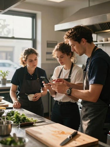 Wide shot of agency staff crouched in a working restaurant kitchen, reviewing shots on a phone screen held up to natural window light, prep counter visible with herbs and cutting boards in foreground, warm golden daylight from the left