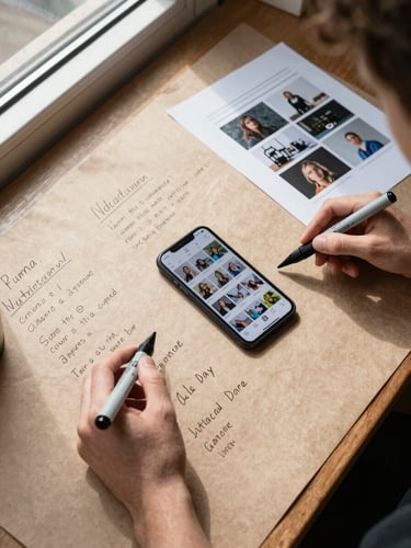 Overhead flat-lay of a content planning session: a large kraft-paper sheet covered in handwritten shoot notes and printed photo selects, a phone showing an Instagram grid mockup, two hands holding markers, north-facing window light, shadows long and even, no faces visible