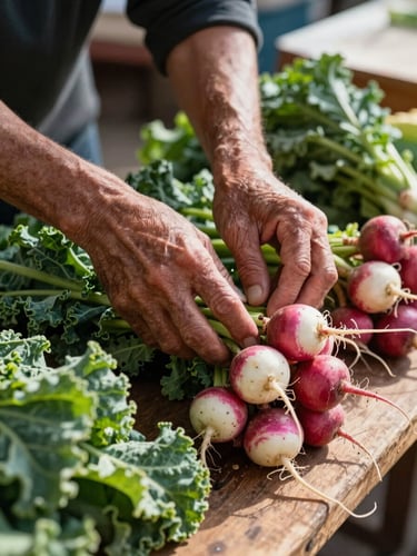 Close-up of weathered hands carefully arranging bundles of kale and radishes on a wooden market stall surface, morning light from a nearby window casting soft shadows, produce textures vivid and tactile