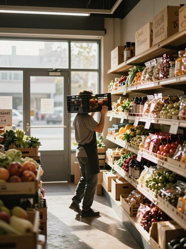 Wide environmental shot inside an independent food market at opening time, a staff member lifting a produce crate near shelves of packaged goods, warm morning light streaming through the front window, handwritten price signs visible on wooden shelving