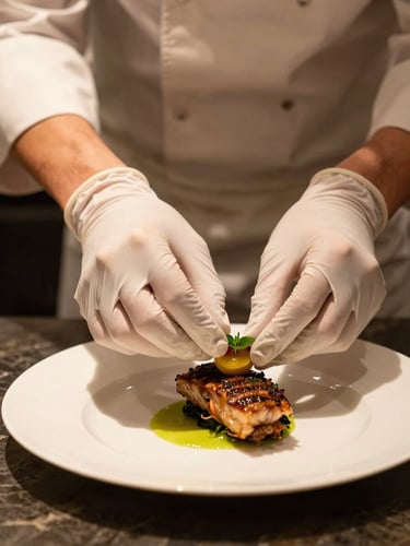Close-up of professional chef hands in white gloves carefully placing a garnish on a luxury plated course, warm amber kitchen light, dark marble surface, shallow depth of field, elegant precision