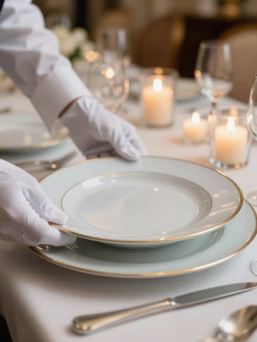 Close-up of white-gloved service hands setting a gold-rimmed porcelain plate at a formally arranged table, warm candlelight catching the rim, soft focus background of a grand ballroom in formal readiness, no faces visible