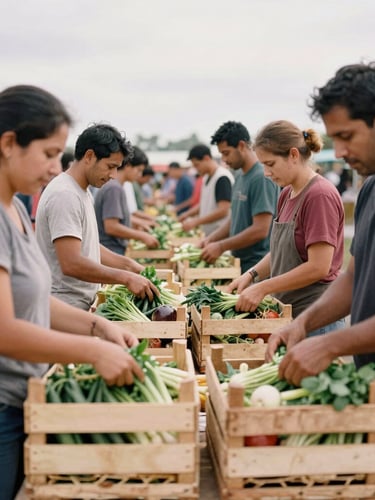 Candid medium shot of community members packing fresh vegetables into wooden crates in an overcast outdoor market, documentary style, natural daylight, 35mm film grain