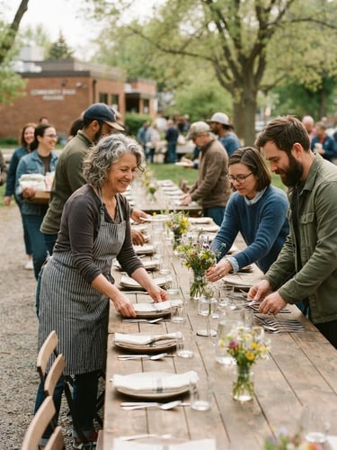 Candid medium shot of community members preparing a long wooden table for a neighborhood dinner, warm overcast daylight, documentary style, 35mm film grain