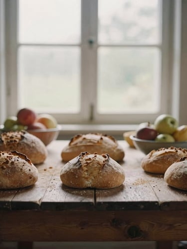 Candid medium shot of a rustic wooden table laden with freshly baked bread and bowls of fruit, soft morning window light, warm muted earth tones, documentary style.