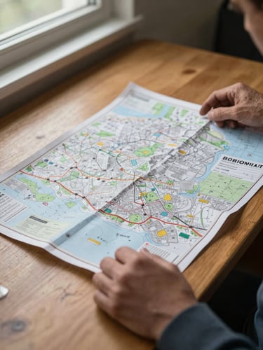 Close-up of weathered hands unfolding a large paper map on a wooden table, north-facing window light casting soft shadows, a boarding pass visible at the edge of the frame, documentary framing with shallow depth of field
