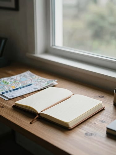Wide shot of a quiet home-office desk beside a tall north-facing window, diffused daylight falling across an open leather notebook, a boarding pass, and a folded map — no person visible, just the texture of considered work