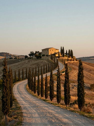 Wide view of a Tuscan hillside at late afternoon — rows of cypress trees lining a gravel road curving to the right two-thirds, warm amber light across pale limestone farmhouse walls, vast open sky above, still and unhurried atmosphere