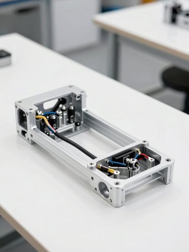 Crisp workshop photography of a custom aluminum robot chassis with exposed wiring harnesses on a clean white workbench, bright daylight, 50mm lens