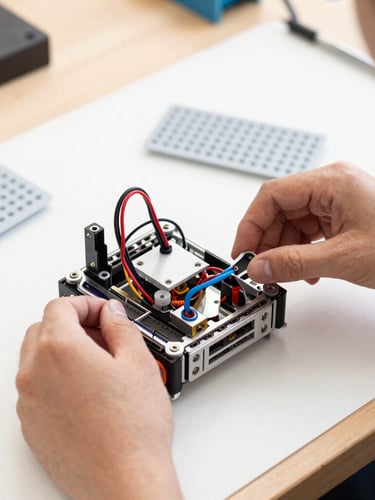 Close-up of hands assembling a physical robotics kit, exposed wiring and breadboards on a wooden workbench, bright daylight