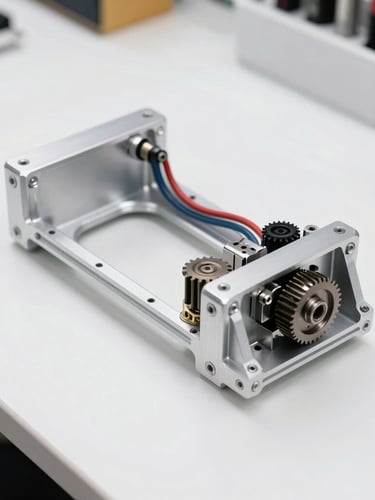 Crisp workshop photography, bright natural daylight, close-up macro shot of a custom aluminum robot chassis with exposed wiring harnesses and gears on a clean white workbench.