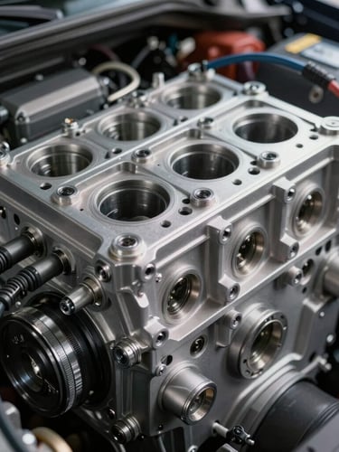 Close-up of a modern vehicle engine block with technical diagnostic cables connected, sharp focused lighting on metal components