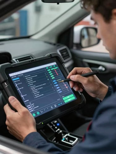 Close-up portrait shot of a mechanic's hands using a digital diagnostic tablet inside a car cabin, screen glowing with technical data, high-contrast workshop lighting.
